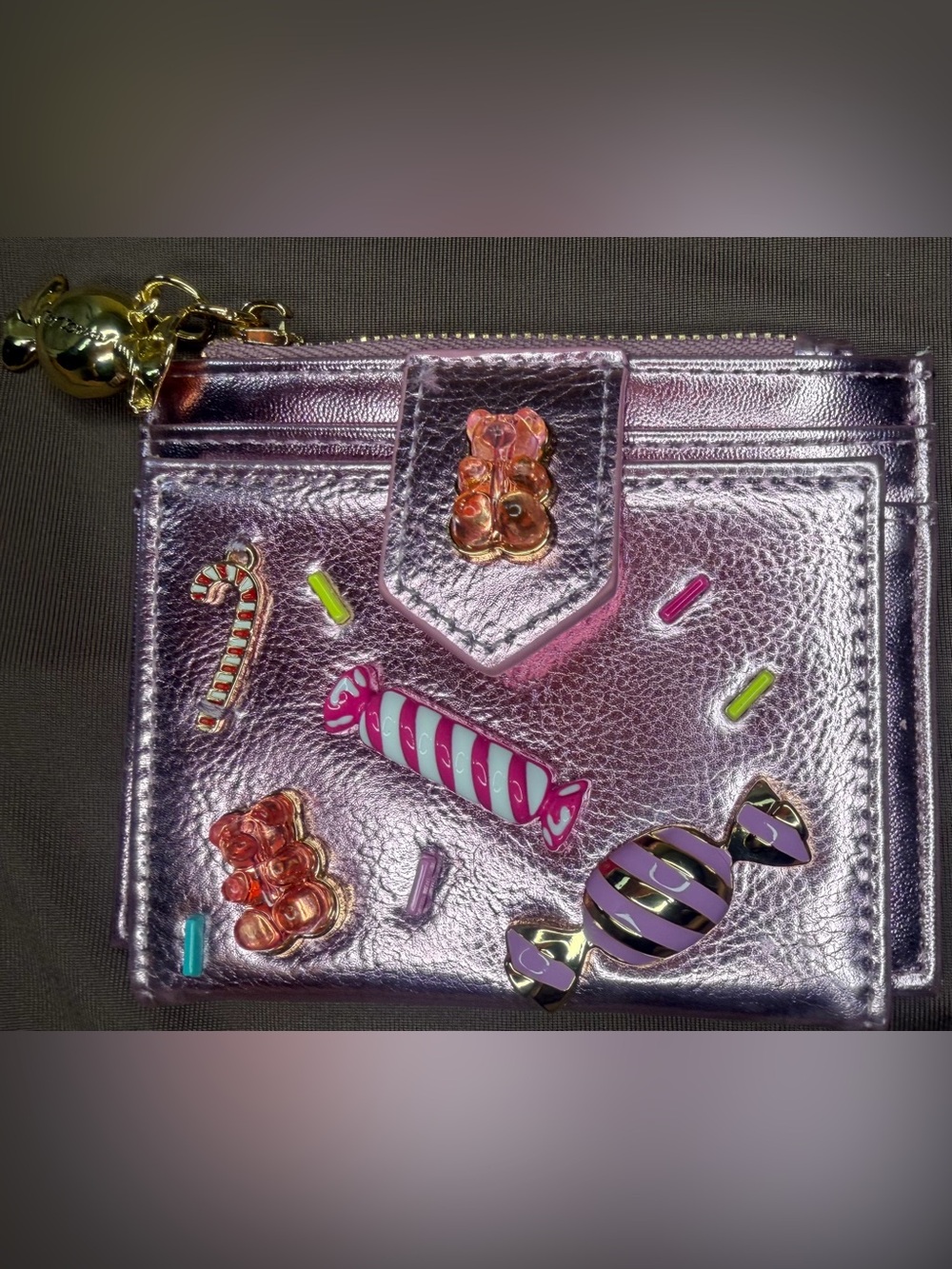 Betsey Johnson Metallic Pink Candy Charm bifold wallet.
